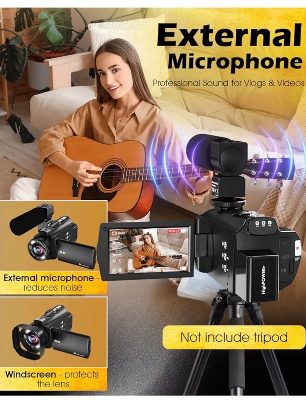 5K 8X Optical Camcorder with External Microphone - Black